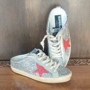 Golden Goose Super Star Sabot Silver Ice Red Glitter Mule Slide Sneaker 38/US 8